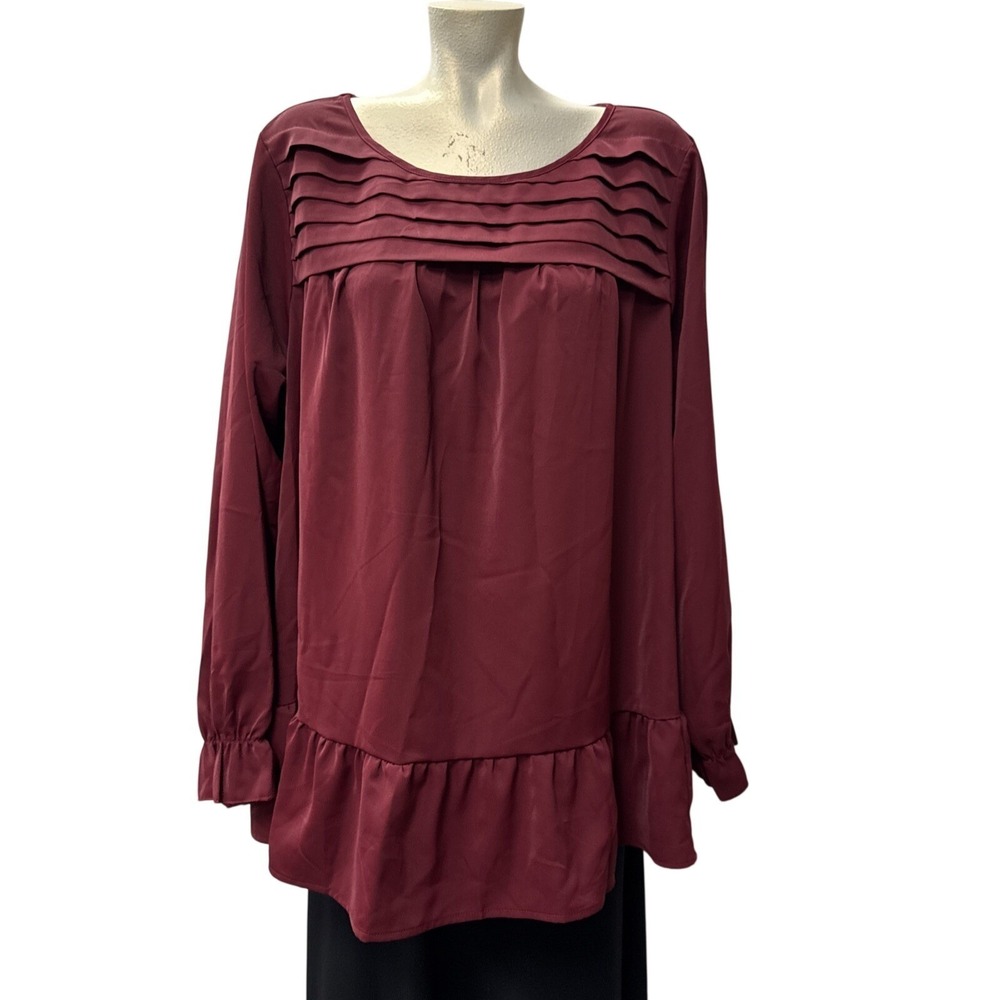 NWT BloomChic Long Sleeve Pleated Ruffle Hem Blouse Burgundy US 18-20